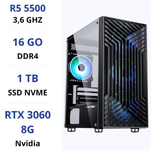 PC Gamer Ryzen 5 5500/16GB/1TB SSD/RTX3060 8G prix maroc