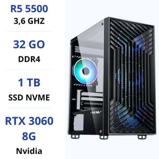 PC Gamer Ryzen 5 5500/32GB/1TB SSD/RTX3060 8G prix maroc