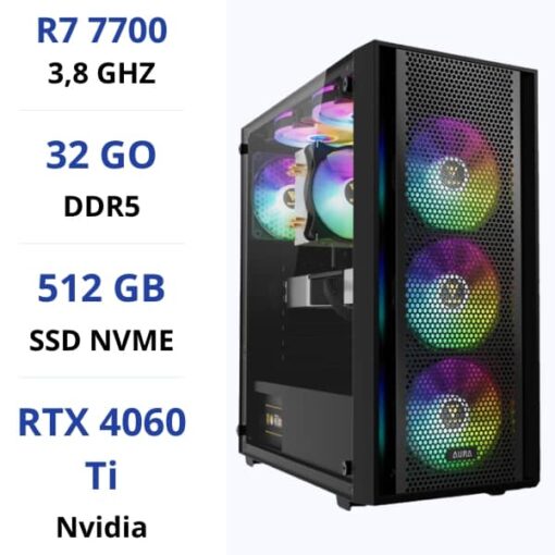 PC Gamer Ryzen 7 7700/32GB DDR5/512GB SSD/RTX4060Ti prix maroc