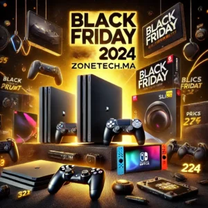 Offres Black Friday 2024 sur ZoneTech.ma, affichant consoles, accessoires gaming, et matériel informatique en promotion.