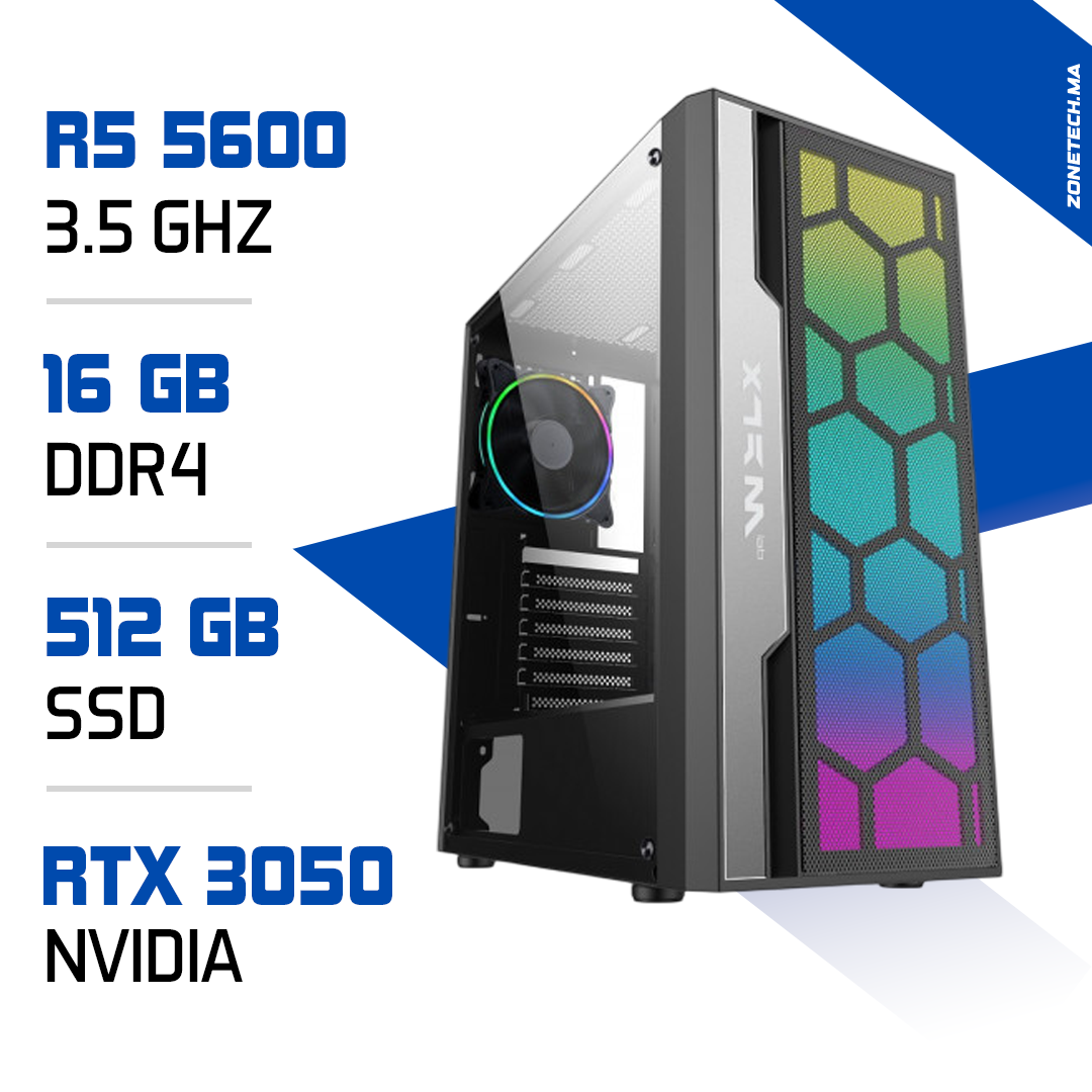 PC Gamer Ryzen 5 5600 – 16 Go RAM, 512 Go SSD, RTX 3050 – Zonetech Maroc