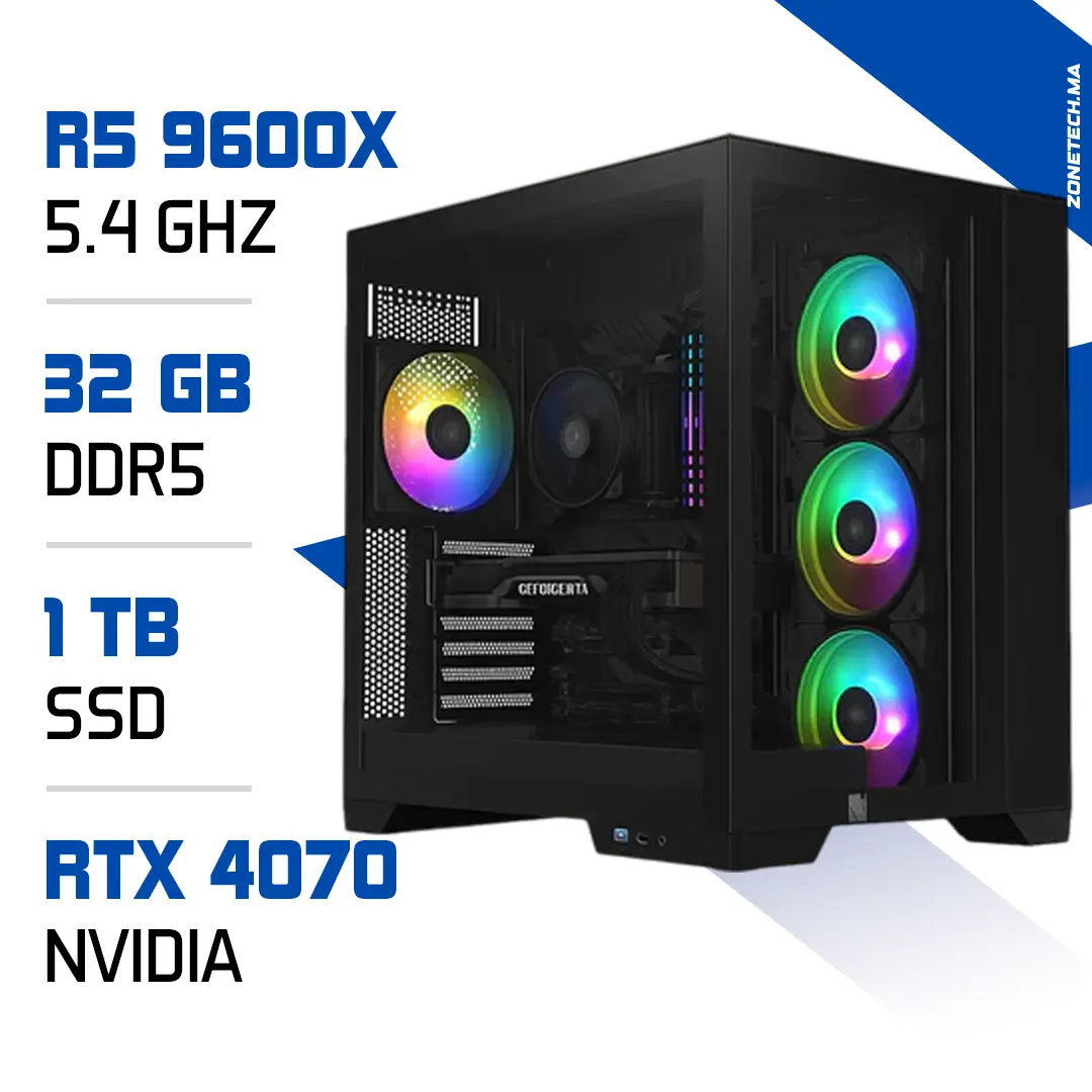 PC Gamer Ryzen 5 9600X RTX 4070 – Gaming hautes performances au Maroc – Zonetech.ma