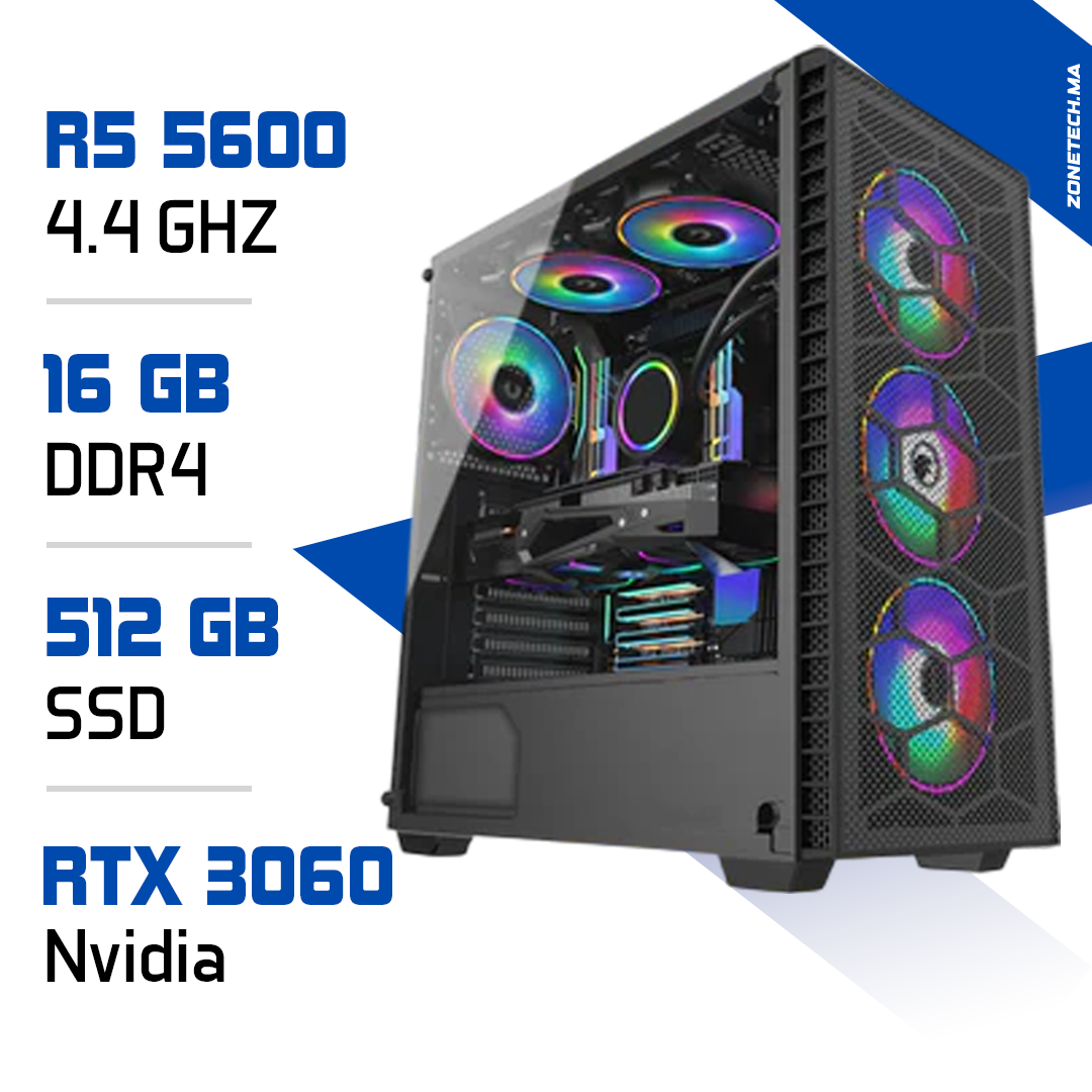 PC Gamer Performant Ryzen 5 5600 avec RTX 3060, boîtier RGB – Zonetech.ma