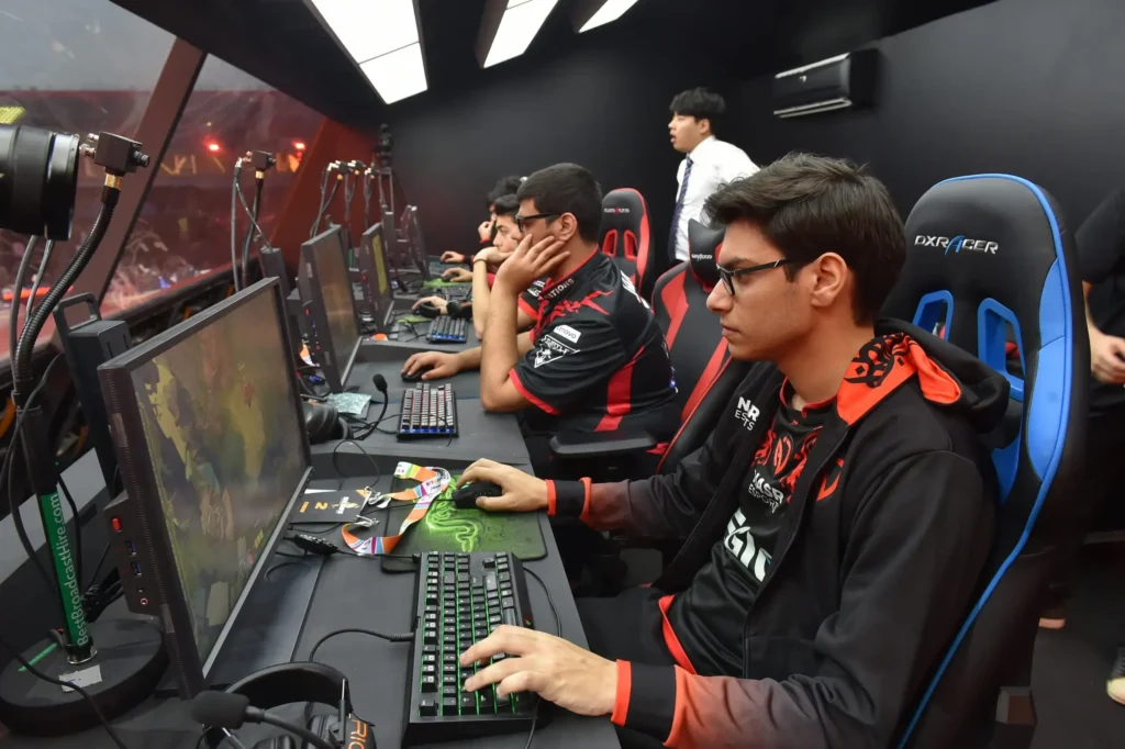 Gamers in MENA region playing on various platforms with futuristic tech elements