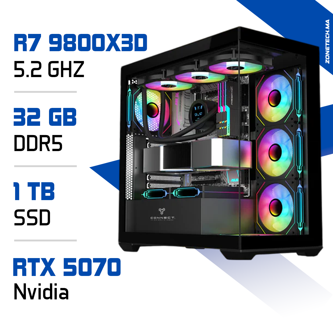 PC Gamer Ryzen 7 9800X3D avec carte graphique RTX 5070 disponible chez Zonetech.ma