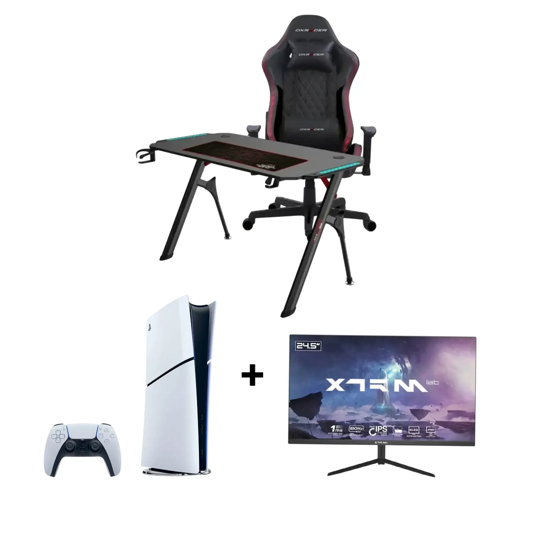 Bundle gamer avec Bureau GhostFrame RGB, Chaise Gamer RGB, XTRMLAB XG2522F 24.5″ 180Hz et Sony PS5 Slim Digital Edition – Performance et confort optimaux.