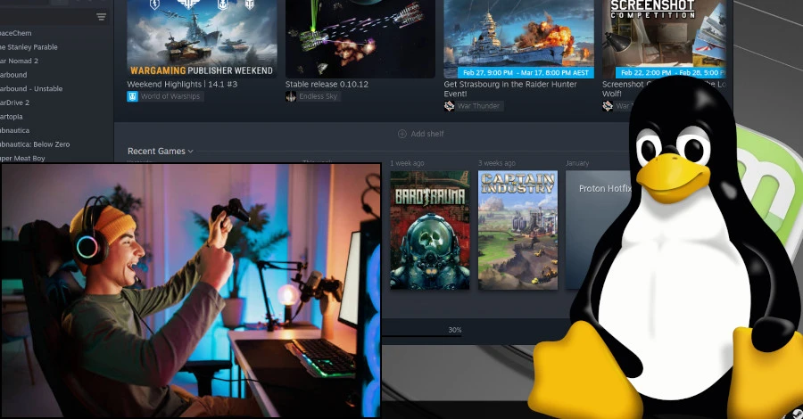 Gamer playing on a Linux desktop with Tux and Steam icons on screen