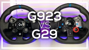 Volant Logitech G29 avec pédales et levier monté sur un setup gamer marocain