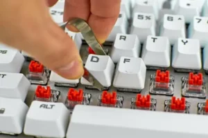 Clavier mécanique en cours de nettoyage avec pinceau, souffleur et keycaps retirés
