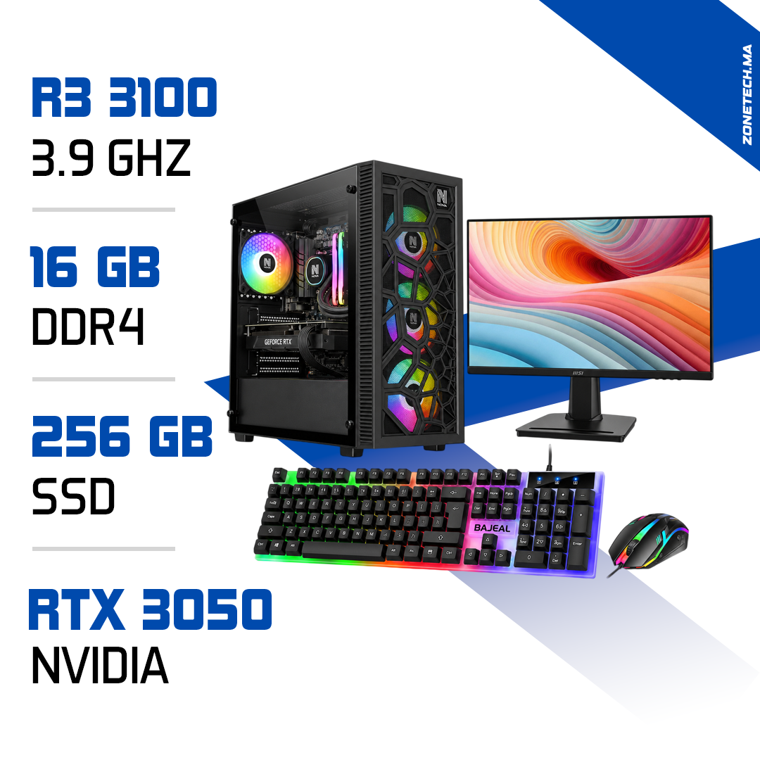 Setup Complet PC Gamer Zonetech Ryzen 3 3100 / 256GB SSD / 16GB / RTX 3050 maroc