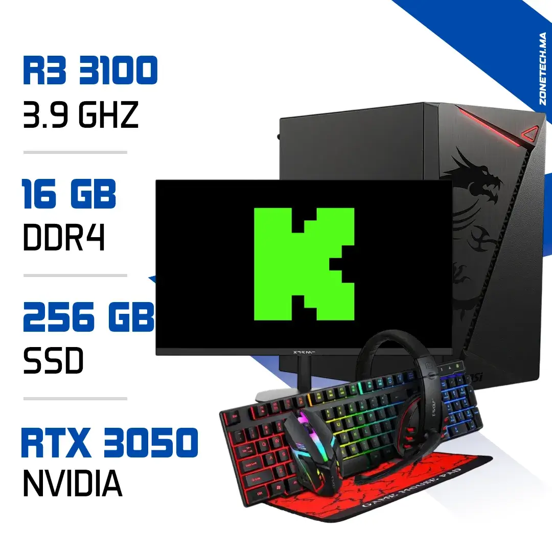 Setup Complet PC Gamer Zonetech Ryzen 3 3100 / 256GB SSD / 16GB / RTX 3050