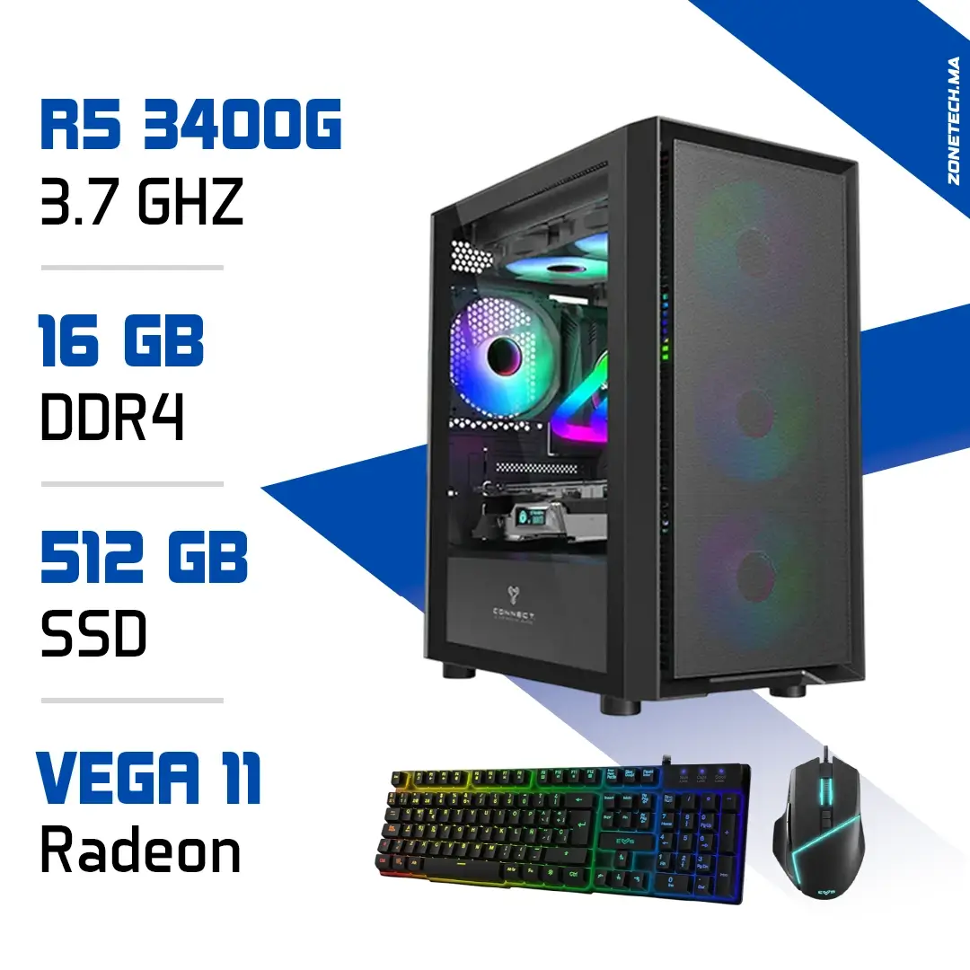 PC Gamer R5 3400G / 512GB SSD / 16GB/ Radeon Vega11 + Pack