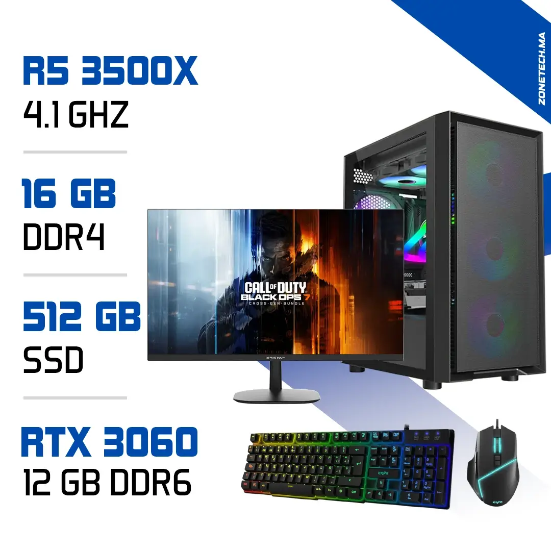 Setup Complet Ryzen 5 3500X / 512GB SSD / 16GB / RTX 3060 12GB + Écran 240Hz + Pack Gaming