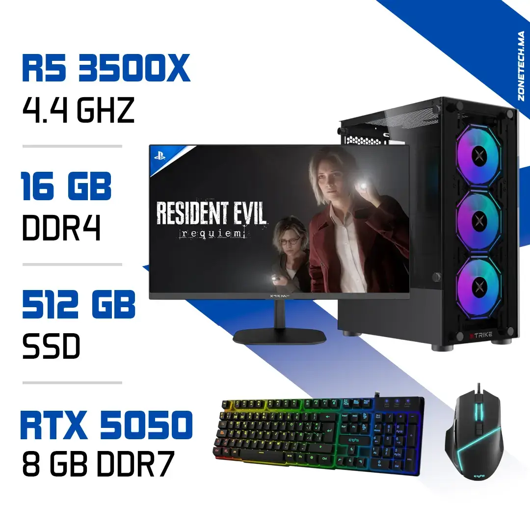 Setup Complet PC Gamer Zonetech Ryzen 5 3500X / 512GB SSD / 16GB / RTX 5050 Maroc