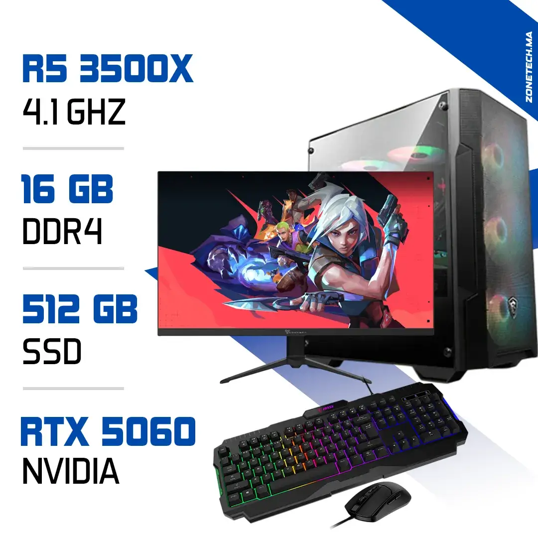 Setup Complet PC Gamer Zonetech Ryzen 5 3500X / 512 GB SSD / 16GB / RTX 5060 Prix MAROC