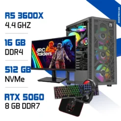 Setup Complet PC Gamer Zonetech Ryzen 5 3600X / 512 GB SSD / 16GB / RTX 5060 + Connect 24A1H 23.6″ 240Hz 1ms Curved + HYBROK HPG100 PACK 4in1