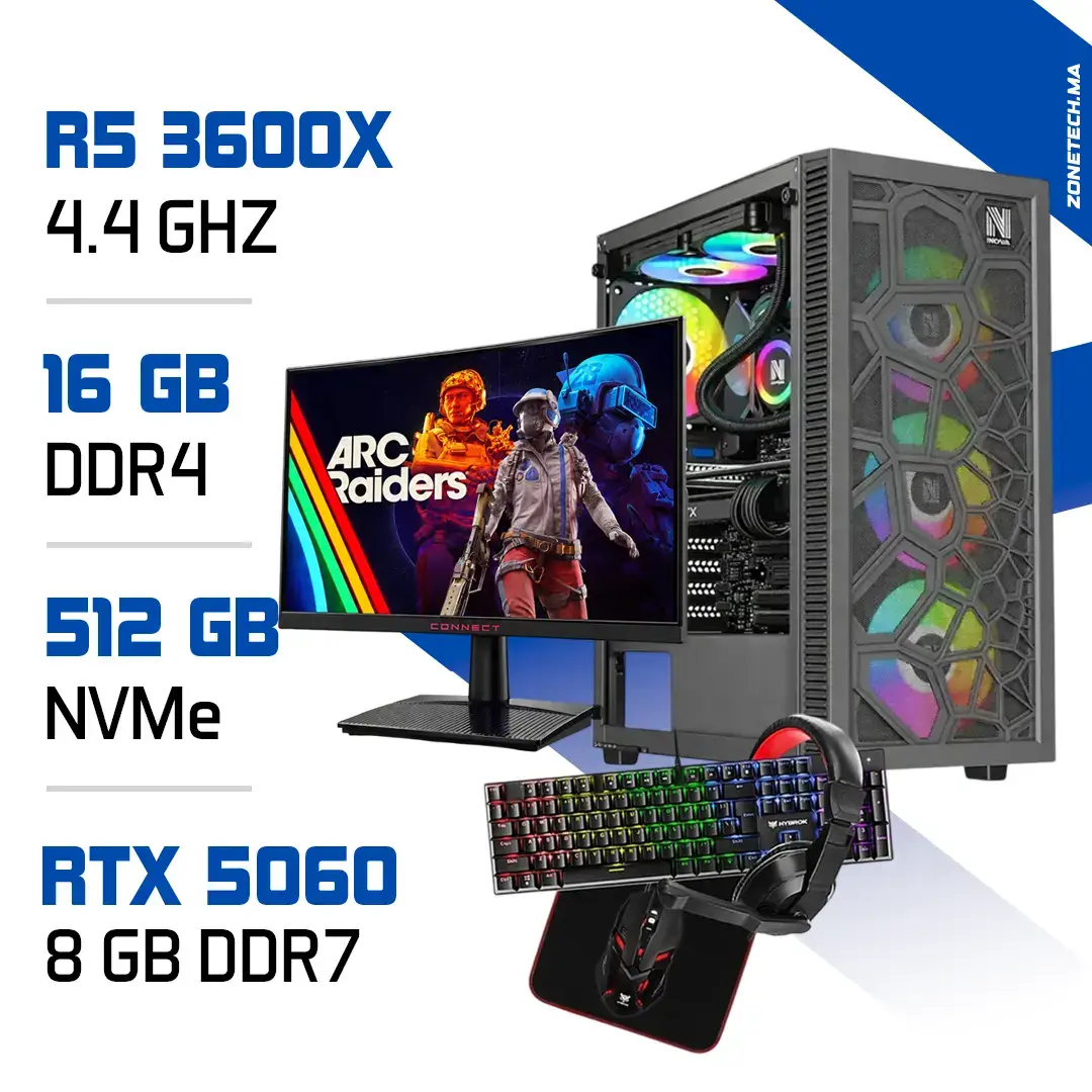 Setup Complet PC Gamer Zonetech Ryzen 5 3600X / 512 GB SSD / 16GB / RTX 5060 + Connect 24A1H 23.6″ 240Hz 1ms Curved + HYBROK HPG100 PACK 4in1