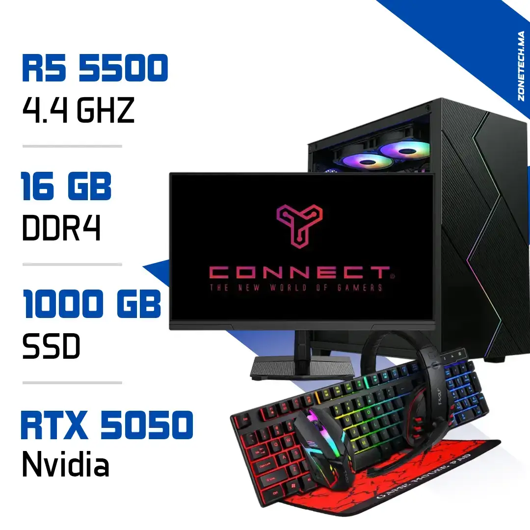 Setup Complet PC Gamer Zonetech Ryzen 5 5500 / 1000 GB SSD / 16GB / RTX 5050