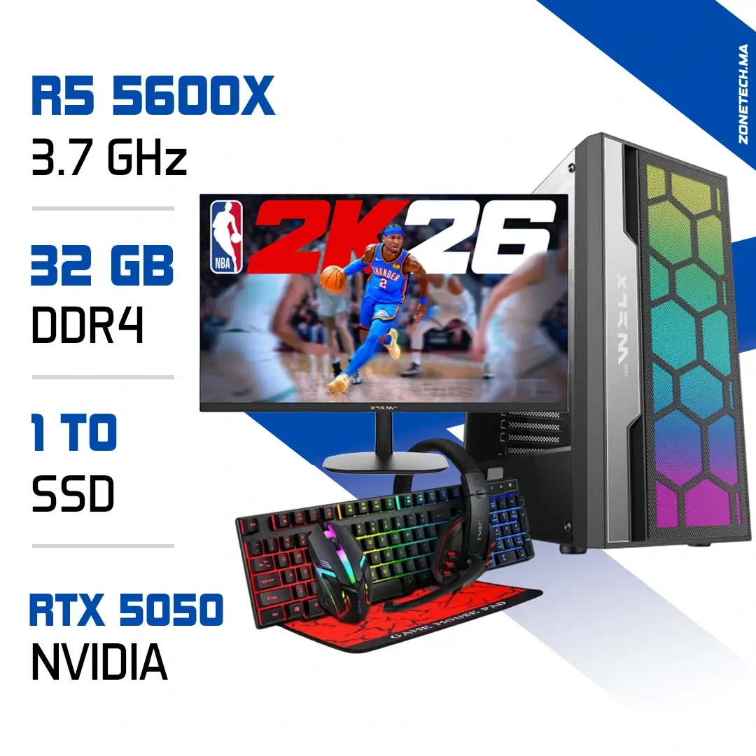 Setup Complet PC Gamer Zonetech Ryzen 5 5600X / 1TB SSD / 32GB / RTX 5050