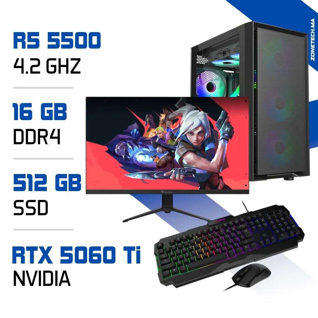 Setup Complet PC Gamer Zonetech Ryzen 5 5500 / 512 GB SSD / 16GB / RTX 5060Ti