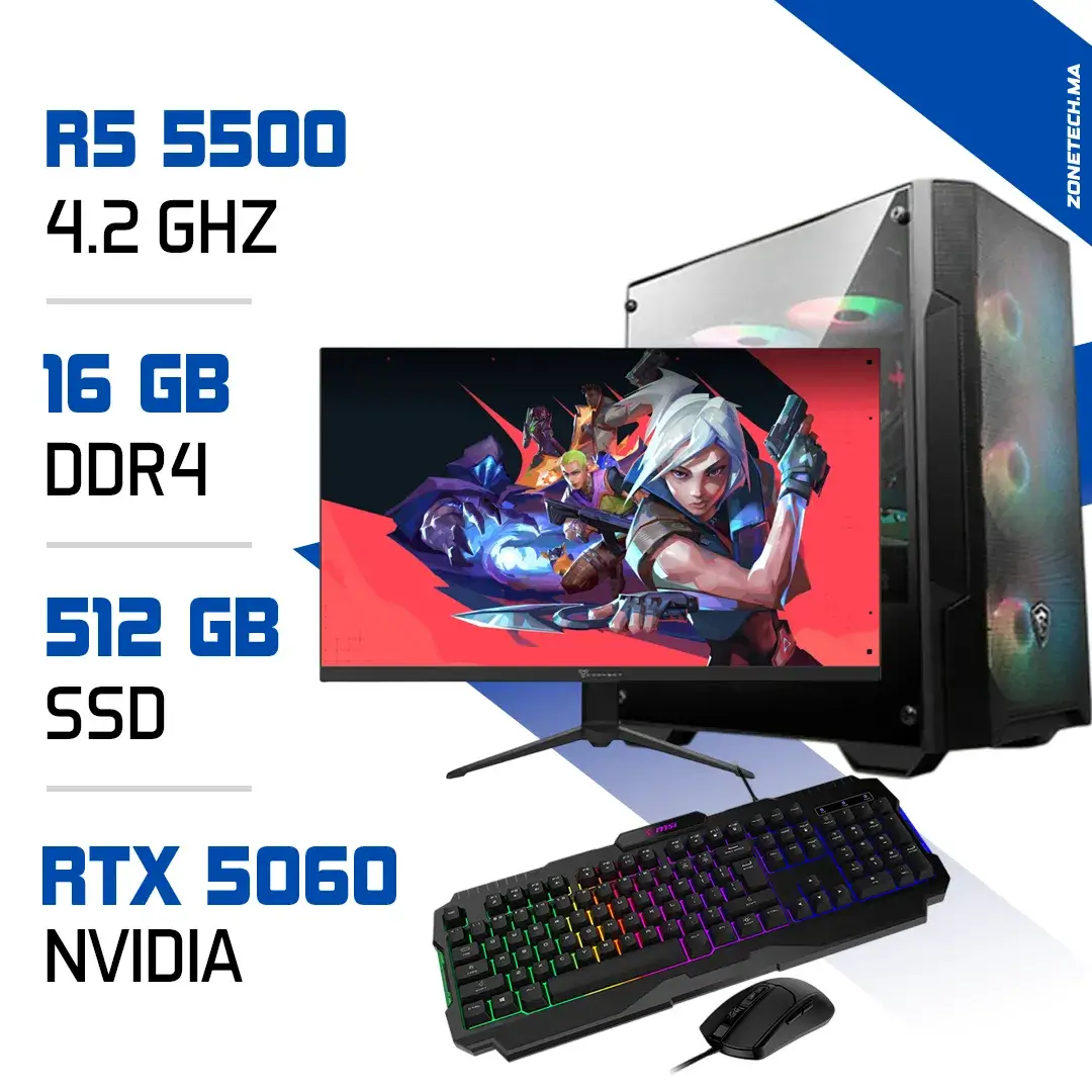 Setup Complet PC Gamer Zonetech Ryzen 5 5500 / 512 GB SSD / 16GB / RTX 5060 MAROC