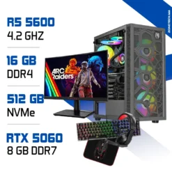 Setup Complet PC Gamer Zonetech Ryzen 5 5600 / 512 GB SSD / 16GB / RTX 5060 + Connect 24A1H 23.6″ 240Hz 1ms Curved + HYBROK HPG100 PACK 4in1