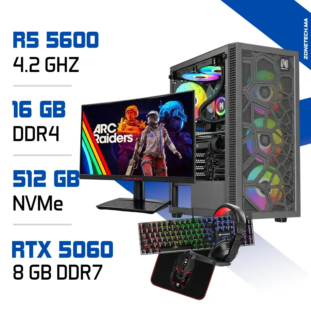 Setup Complet PC Gamer Zonetech Ryzen 5 5600 / 512 GB SSD / 16GB / RTX 5060 + Connect 24A1H 23.6″ 240Hz 1ms Curved + HYBROK HPG100 PACK 4in1