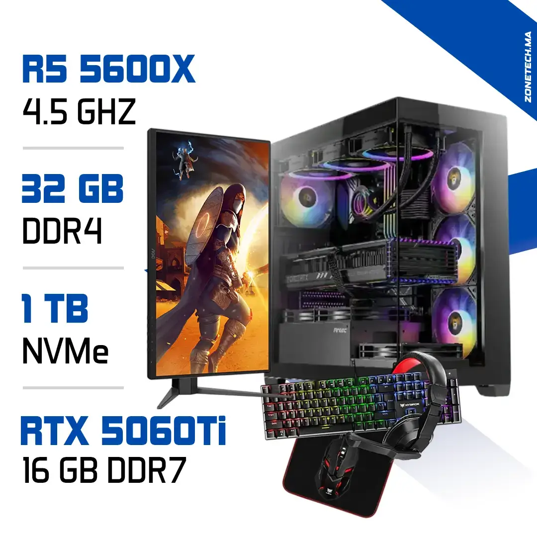 Setup Complet PC Gamer Zonetech Ryzen 5 5600X / 1000GB SSD / 32GB / RTX 5060 Ti 16GB + AOC 25G4S 24.5″ 310Hz + HYBROK HPG100 Pack 4 en 1