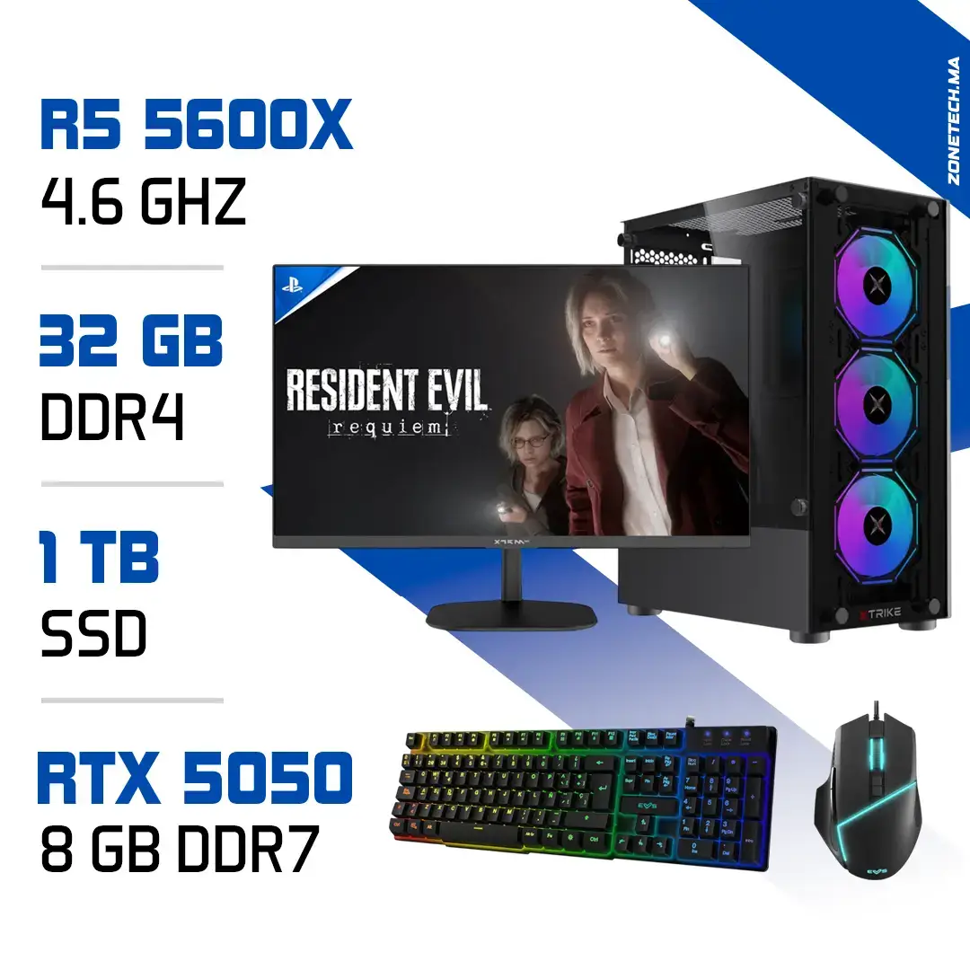 Setup Complet PC Gamer Zonetech Ryzen 5 5600X / 1TB SSD / 32GB / RTX 5050 Prix MAROC