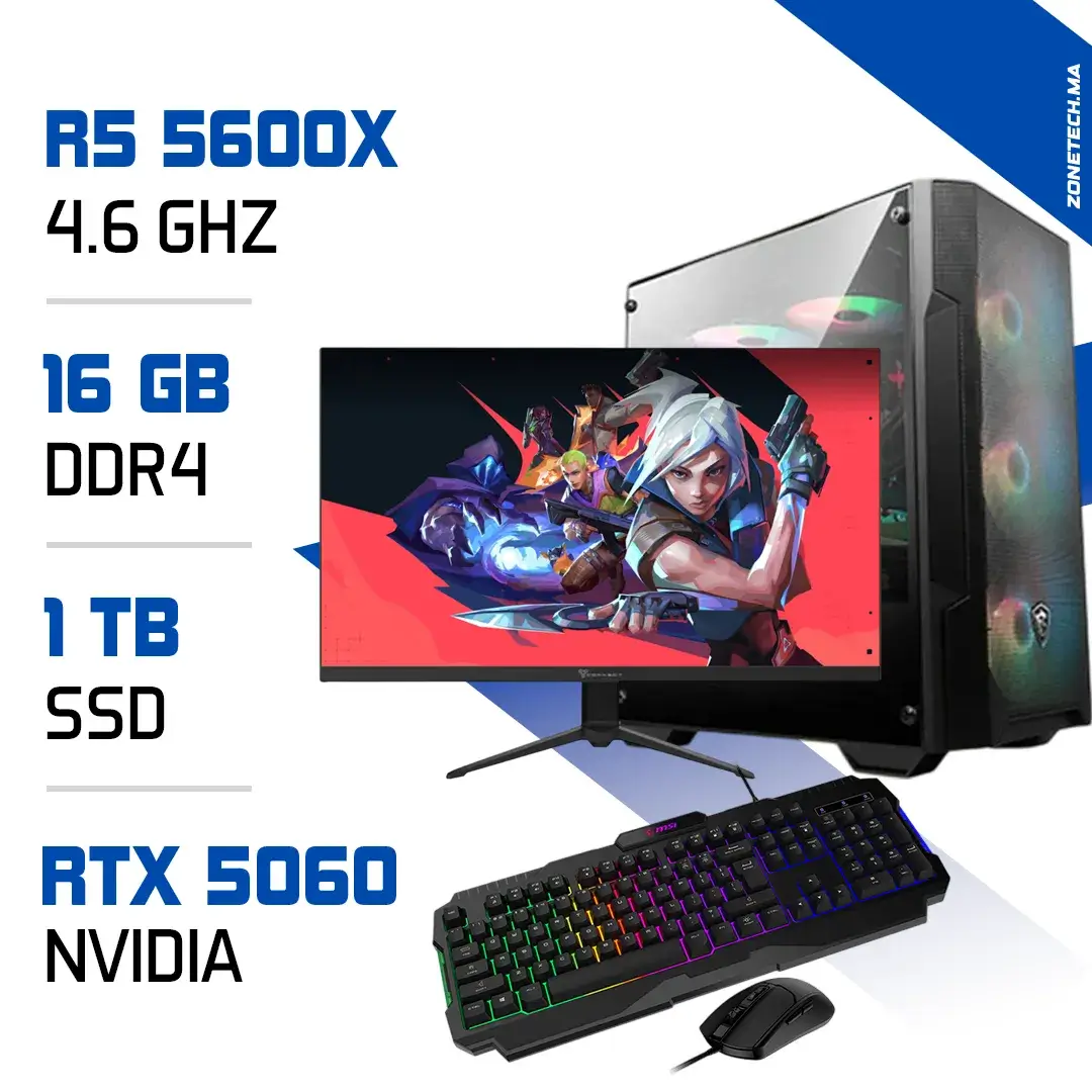 Setup Complet PC Gamer Zonetech Ryzen 5 5600X / 1TB SSD / 16GB / RTX 5060