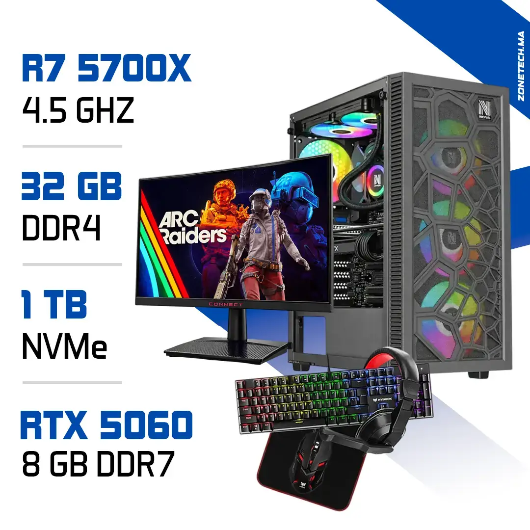 Setup Complet PC Gamer Zonetech Ryzen 7 5700X / 1000GB SSD / 32GB / RTX 5060 8GB