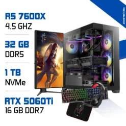 Setup Complet PC Gamer Zonetech Ryzen 5 7600X / 1000GB SSD / 32GB / RTX 5060 Ti 16GB + AOC 25G4S 24.5″ 310Hz + HYBROK HPG100 Pack 4 en 1