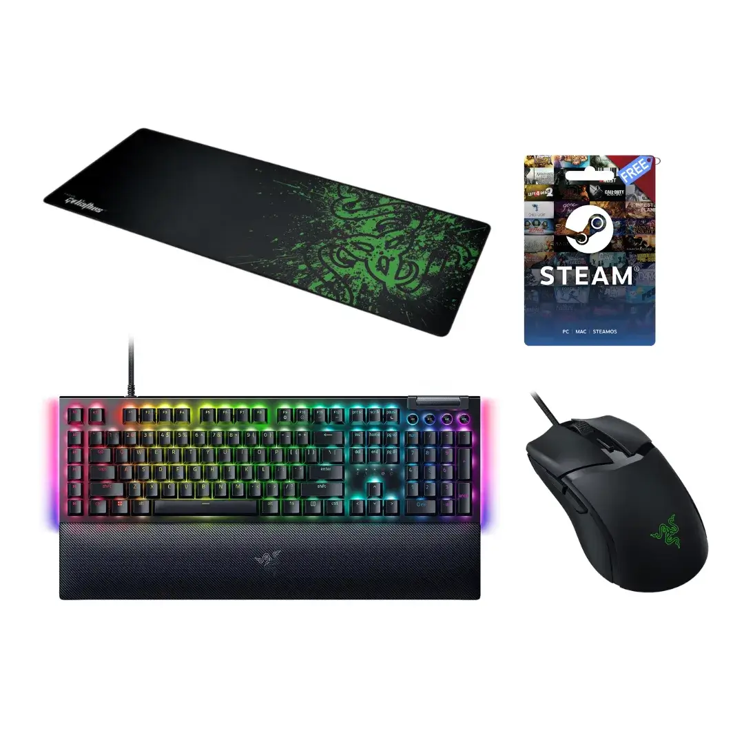 Bundle Gaming Razer BlackWidow V4 Green Switch + Razer Cobra + Tapis Razer XL + Carte Steam Gift