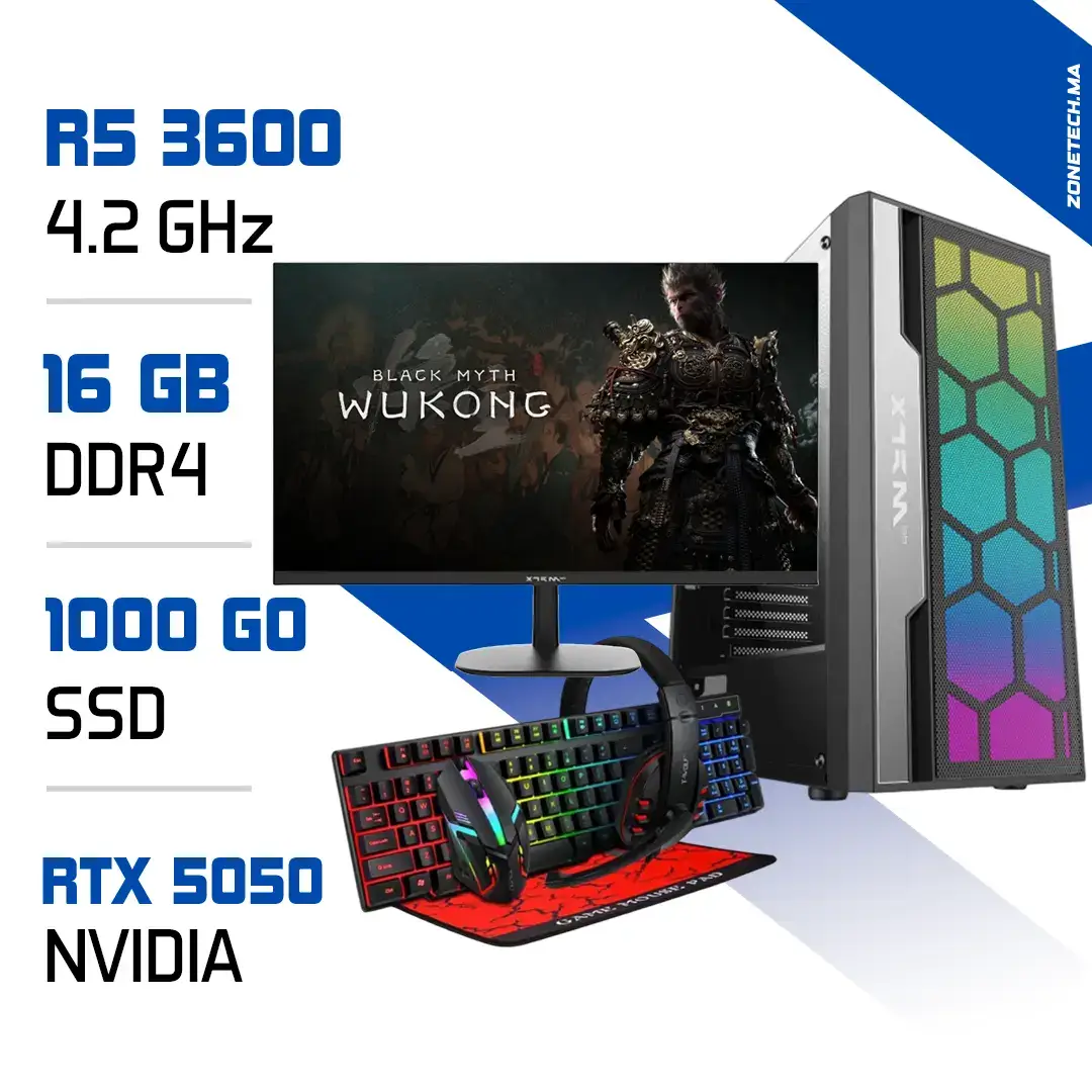Setup Complet PC Gamer Zonetech Ryzen 5 3600 / 1TB SSD / 16GB / RTX 5050 MAROC