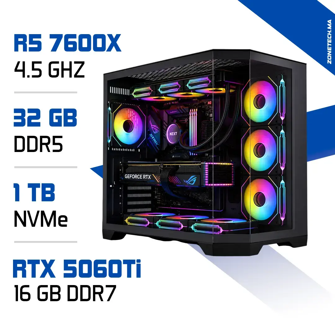PC Gamer Ryzen 5 7600X / 1 To SSD / 32 Go DDR5 / RTX 5060 Ti 16GB