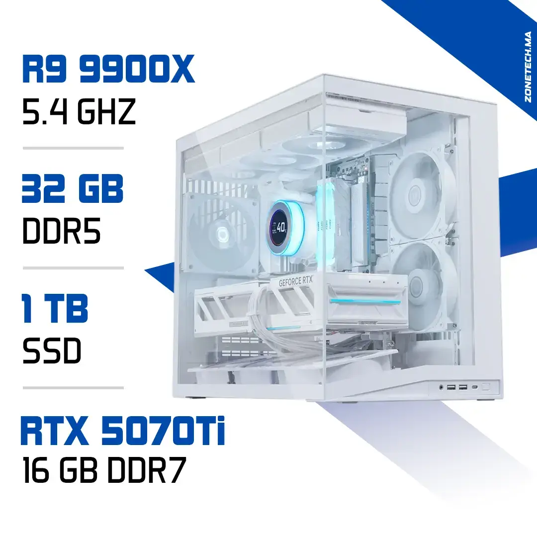 PC Gamer Zonetech Ryzen 9 9900X / 32GB DDR5 / 1TB SSD / RTX 5070 Ti 16GB Blanc