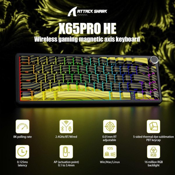 ATTACK SHARK X65 PRO HE Wireless Rapid Trigger Magnetic Switch (Yellow Contours) Prix maroc