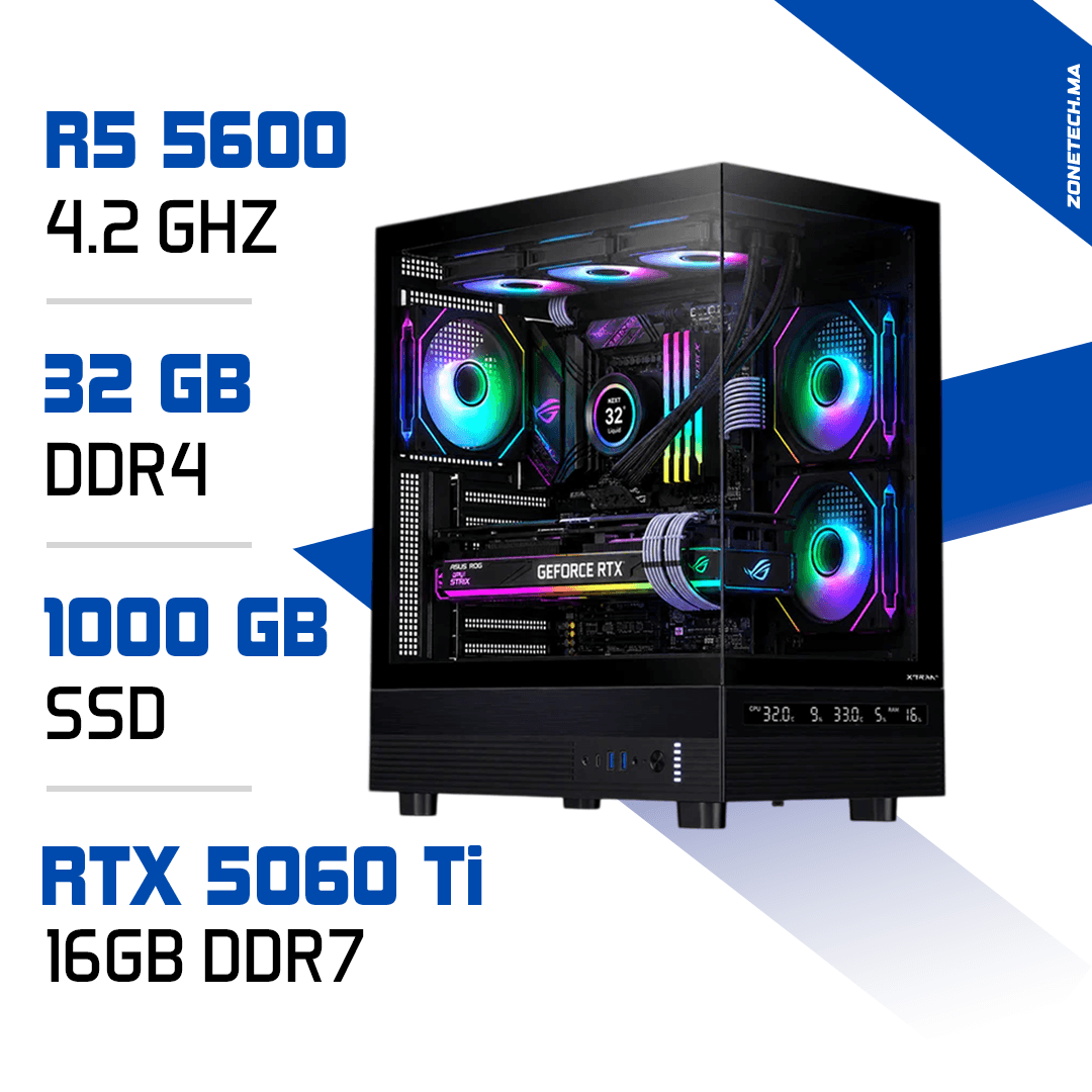 PC Gamer Ryzen 5 5600 / 1 To SSD / 32 Go DDR4 / RTX 5060 Ti 16GB MAROC