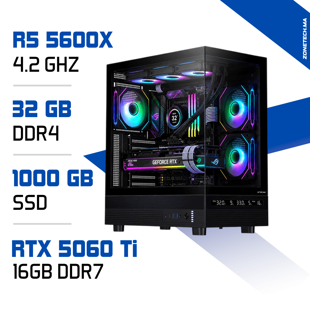 PC Gamer Ryzen 5 5600X / 1 To SSD / 32 Go DDR4 / RTX 5060 Ti 16GB MAROC