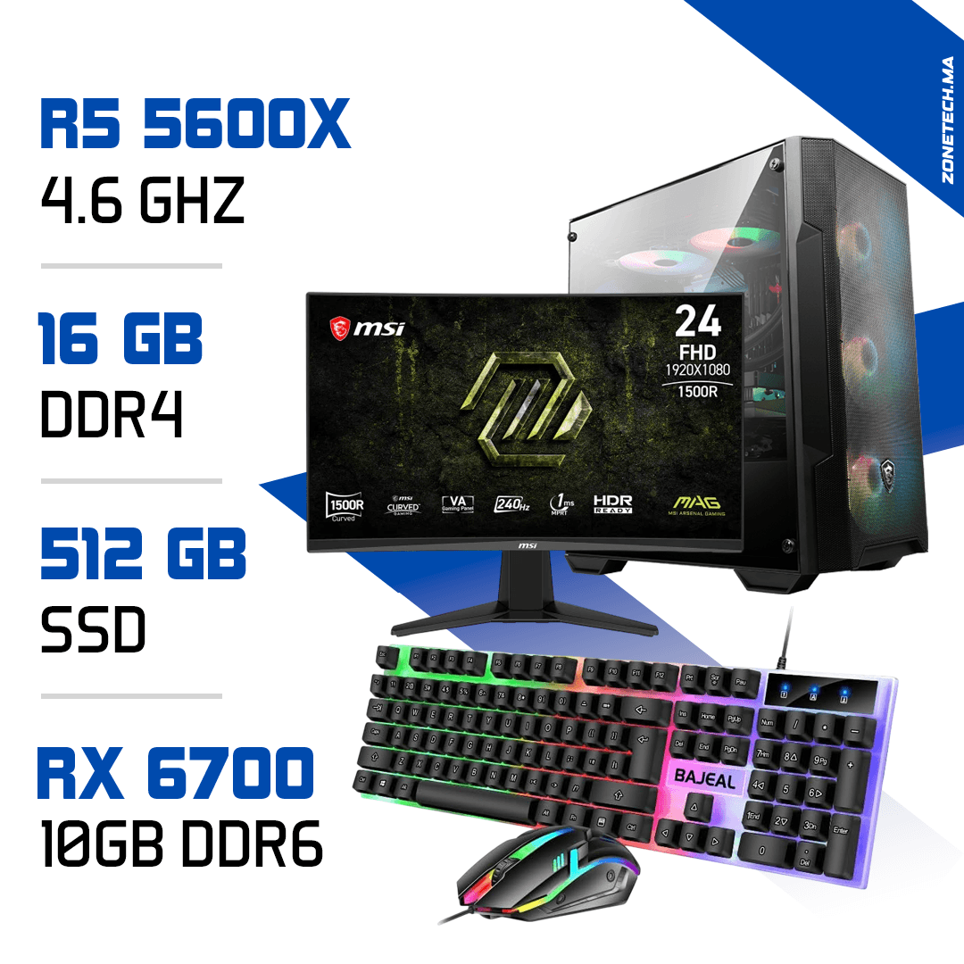 Setup Complet PC Gamer Zonetech Ryzen 5 5600X / 16GB / 512 GB SSD / RX 6700 MAROC