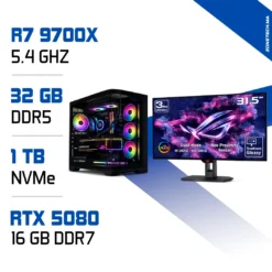 PC Pro Zonetech Ryzen 7 9700X / 32GB DDR5 / 1TB SSD / RTX 5080 + ASUS ROG Swift PG32UCDM